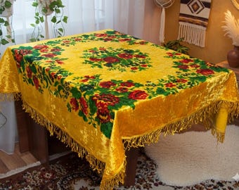 Mantel vintage de terciopelo amarillo con estampado floral y flecos, tapiz, colcha de sofá de terciopelo estilo alfombra soviética antigua