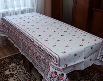 Ukrainian folk tablecloth with flower pattern Holiday tablecloth with Ukrainian embroidery print, kitchen farmhouse decor. Easter decoration