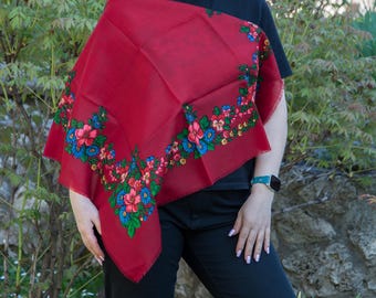 Pañuelo floral ucraniano vintage, chal folclórico de los años 80. Chal de colección con diseño de rosa brillante. Hustka URSS. Pañuelo para la cabeza Babushka. Platok