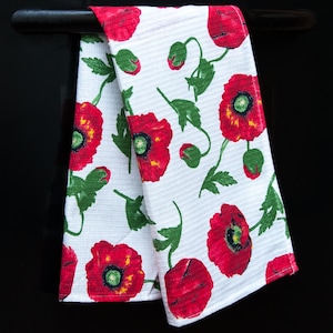 Waffle towel Poppies. Ukrainian Waffle RED kitchen towel. Waffle weave cotton towel with Ukrainian embroidery print Towel cotton Hand towel