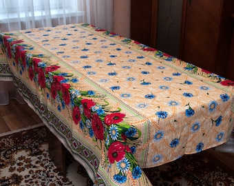 Ukrainian folk tablecloth with poppies, Linen Holiday tablecloth with Ukrainian embroidery print, kitchen farmhouse decor. Easter decoration