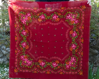 Pañuelo floral ucraniano vintage, chal folclórico de los años 80. Chal de colección con diseño de rosa brillante. Hustka URSS. Pañuelo para la cabeza Babushka. Platok