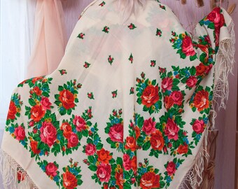 Chal grande de lana ucraniano, bufanda vintage tipo babushka, fular con diseño floral auténtico, bufanda tradicional de arte popular floral, regalo para ella