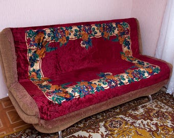 Mantel vintage de terciopelo ucraniano, tapiz floral carmesí, decoración bohemia