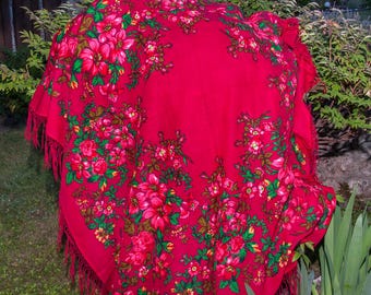 Chal ucraniano grande rojo, auténtica babushka, bufanda floral, chal vintage. Colección de bufandas de lana florales, mantas, foulards, regalo para mamá.