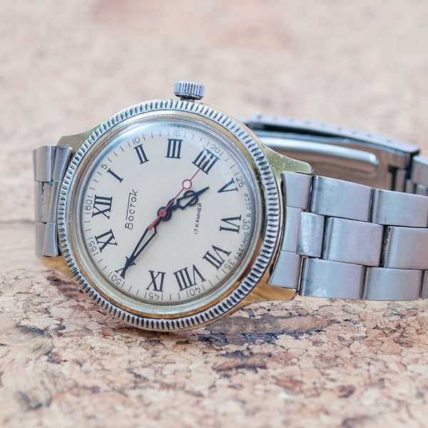 Vintage wrist watch USSR. Men's watch Vostok (Wostok). Mechanical watch. Vintage Soviet Military Watch. Dial with Roman numbers. Восток