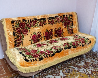 Vintage Plush Bedspread: Yellow Floral Tapestry, Fringed Boho Decor