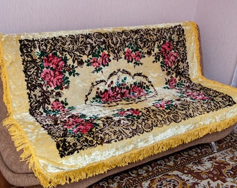 Vintage tapijt pluche sprei. Tafelkleed fluwelen Oekraïense oude sprei, tapijt slaapbank sprei antiek, vloerkleed zeldzame bekleding