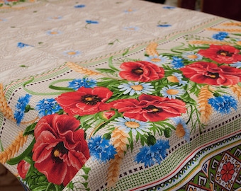 Linen Ukrainian Folk Tablecloth, Embroidery Print, Farmhouse Kitchen Decor