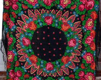 Chal vintage de lana ucraniana con rosas. Chal grande de piano folclórico. Bufanda floral de colección negra, auténtico fular chale. Chal ucraniano.