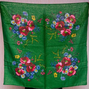 VINTAGE Ukrainian shawl, green floral wool with lurex shawl. Platok babushka Hustka Shawl for Wear or Home Decor. Tablecloth gift for her
