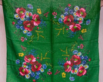 VINTAGE Oekraïense sjaal, groene bloemenwol met lurex sjaal. Platok babushka Hustka-sjaal voor kleding of als huisdecoratie. Tafelkleed cadeau voor haar