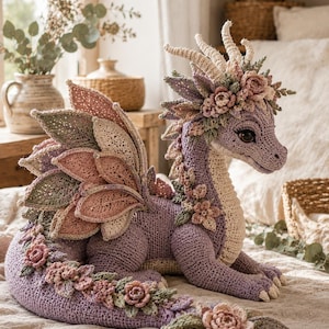May include: A crocheted dragon figurine in shades of lavender, cream, and sage green. The creature features large leaf-shaped wings, a floral crown on its head, and a long tail adorned with small crocheted flowers and leaves throughout its body.