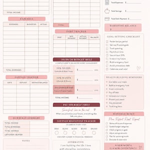 May include: A light pink printable paycheck budget planner sheet featuring sections for income, expenses, debt tracking, a 50/30/20 budget rule, savings milestones, and financial goal checklists with text headers and decorative line art elements.