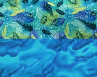 Companion Fabric Bundle (2) 1+ Yd Quilting Cotton Blue Teal Green Turquoise Purple Leaves Nature Fall Matching Lot FREE SHIPPING (223)