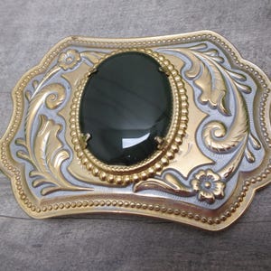 Southwestern Style Belt Buckle Gold Tone Metal Large Oval Dark Green Gemstone Western Floral Accents Vintage FREE SHIPPING (1684)
