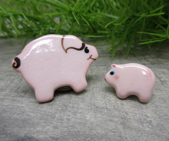 Porcelain Pig Button Cover & Pin Set of 2 Piggies… - image 2