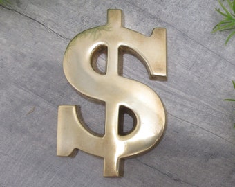 Brass Dollar Sign Money Sympbol Gold Tone Metal Figurine Flat 8.5 Oz Collectible Vintage FREE SHIPPING (1613)