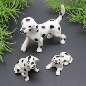 Set of 3 Miniature Dalmatian Dog Porcelain Figurines Mom Puppies White Black Dog Lover Gift Idea Collectible Vintage FREE SHIPPING (1589)