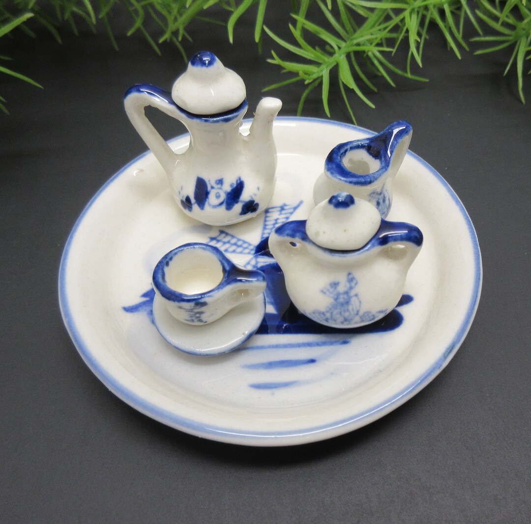 Miniature Tea Set Teacup Saucer Plate Dollhouse Dishes Hand Painted ...