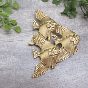 Tropical Fish Brooch 3 Inch Tall Gold Tone Metal Group of 3 Fish Vintage FREE SHIPPING (1781)