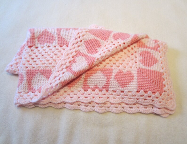 Handmade Crochet Baby Blanket / Pink White Hearts Scalloped / Etsy