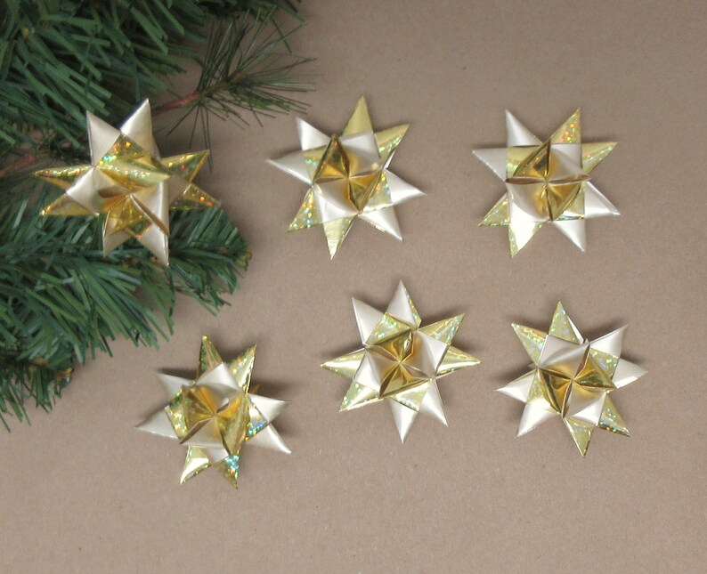 158 Mini Stars Christmas Ornaments Set of 6 Gold Tiny Ribbon Stars Froebel Small Miniature Origami Satin Shiny Finish READY to SHIP