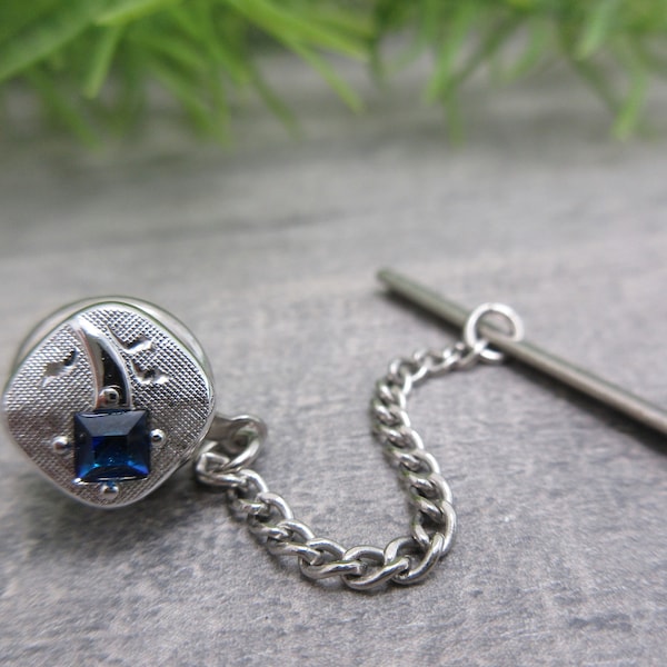 Silver Blue Gemstone Shooting Star Tie Tack Pin Silver Tone Metal Astronomy Vintage FREE SHIPPING (1625)