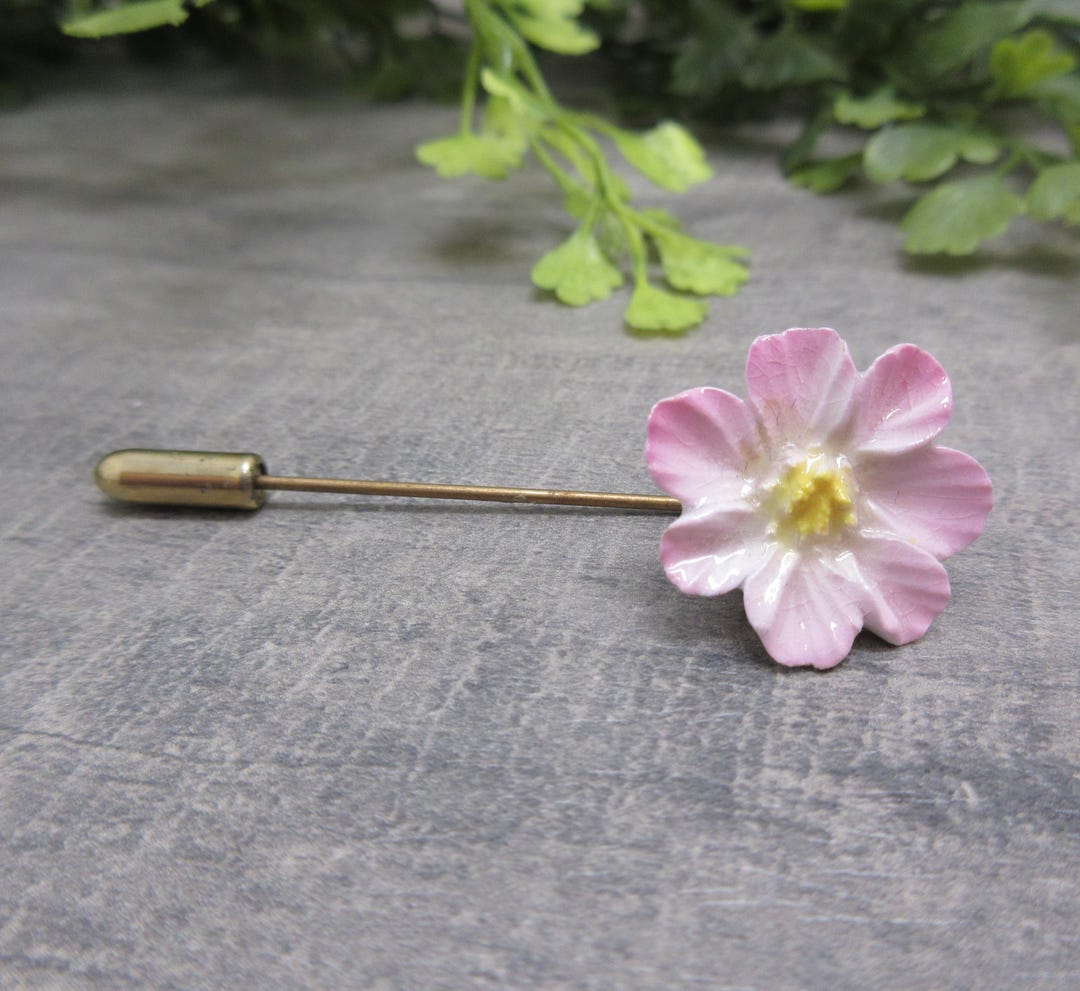 Pink Porcelain Flower Stick Pin Gold Tone Metal Mid Century Jewelry ...