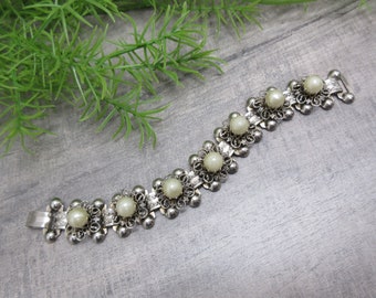 Faux Pearl Bracelet Mid Century Silver Tone Metal Ornamental Details Vintage Jewelry Gift FREE SHIPPING (1630)