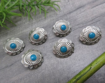 Lot Of 6 Faux Turquoise Concho Shank Style Buttons With Cotter Pins Silver Tone Metal Southwestern Design FREE SHIPPING