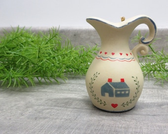 Ceramic Bell Pitcher Shape Traditional Country Design Hearts House Home Beige Blue Red Porcelein Clapper Vintage FREE SHIPPING (1440)