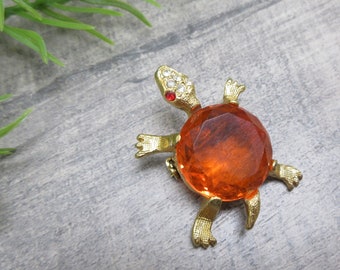 Turtle Brooch Orange Stone Gold Tone Metal Red Rhinestone Eye Animal Lover Vintage Jewelry Gift FREE SHIPPING (1631)