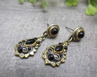 Michal Golan Earrings 24k Gold Electroplated Over Brass Black Onyx Gemstones Ornamental Teardrop Dangling Dangle Vintage FREE SHIPPING 1712