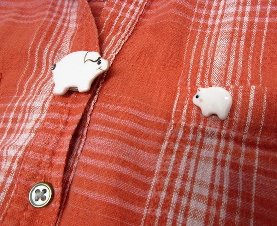 Porcelain Pig Button Cover & Pin Set of 2 Piggies… - image 1
