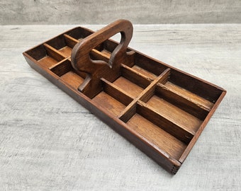 Antique Wooden Organizer Tray With Carry Handle Handmade Brown Traditional Amish Style Primitive Woodwork Carrier Vintage FREE SHIPPING 1621