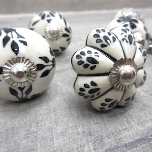 Set Of 8 Ceramic Cabinet Door Knobs Drawer Pulls Hand Painted White Black Floral Designs Silver Tone Metal Hardware Vintage (1917)