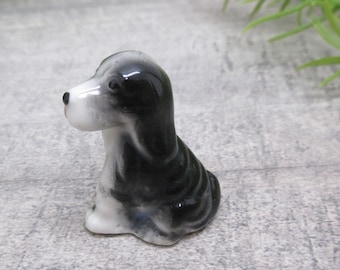 Miniature Porcelain Dog Puppy Figurine Black White Dog Lover Gift Idea Collectible Vintage FREE SHIPPING (1587)