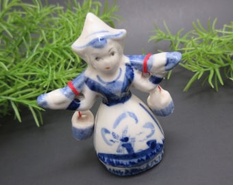 Small Dutch Girl Woman Carrying Dangling Water Buckets Yoke Ceramic Figurine Hand Painted Delft Blue White Ceramic Windmill Design (123)