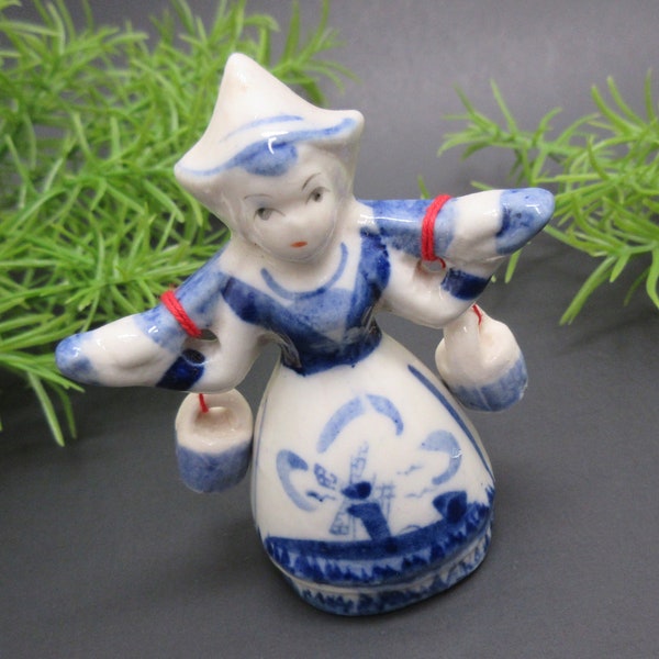 Small Dutch Girl Woman Carrying Dangling Water Buckets Yoke Ceramic Figurine Hand Painted Delft Blue White Ceramic Windmill Design (123)