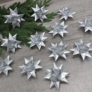 Set of 12 Silver Star Ornaments 3 Inches Satin Ribbon Stars Moravian Advent Christmas Tree Decoration Danish READY TO SHIP (234)
