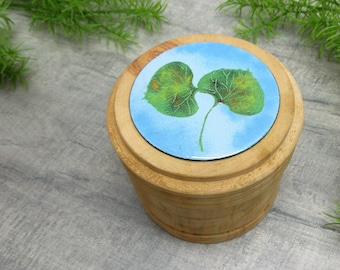 Aspen Tree Leaves Wooden Trinket Box Enamel Detail On Top Lid 4 Inches Tall Round Green Blue Handcrafted Aspen Hearts Colorado (1438)