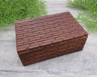 Wooden Box Trinket Keepsake Jewelry Brick Log Design Carved Brown Fathers Day Gift Idea Vintage FREE SHIPPING (1594)