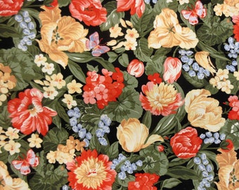 2- Yds x 42 In Quilting Cotton Floral Tulips Spring Flowers Butterflies Peach Red Blue Black Coventry Collection Hoffman FREE SHIPPING (194)