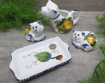 Cow Creamer Pitcher Cat Salt & Pepper Shaker Set Butter Dish White Blue Lemons Leaves Montecatini Collectibles Vintage FREE SHIPPING (1362)