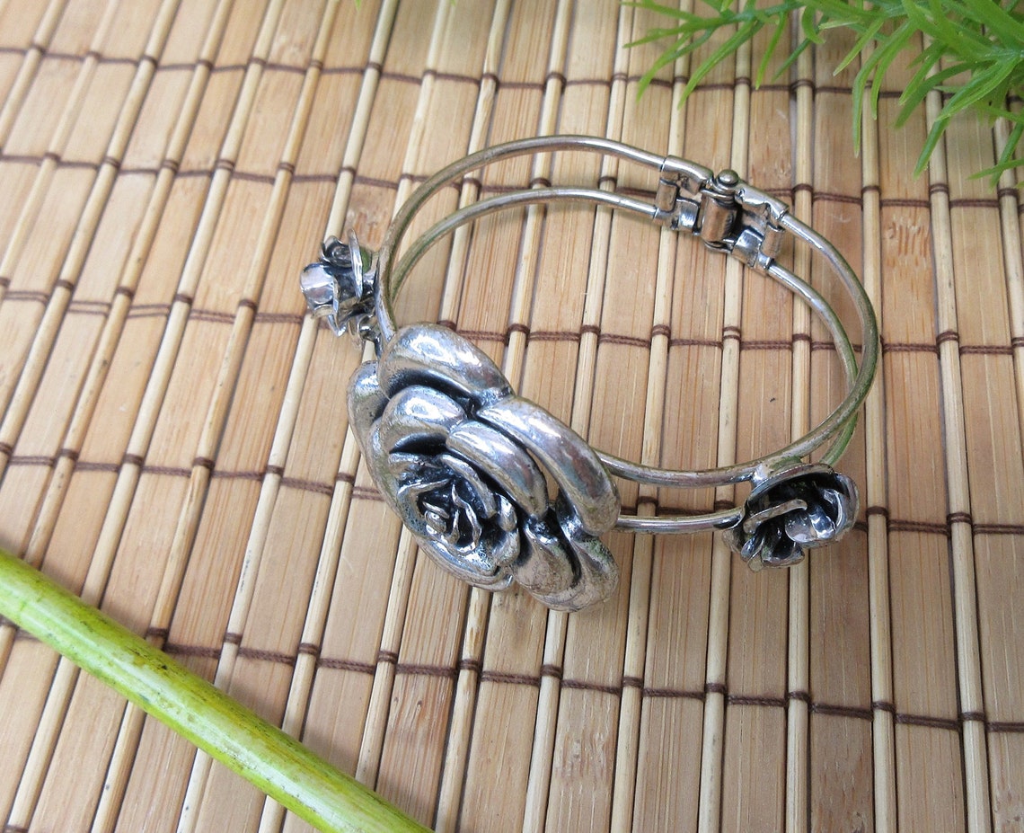 Rose Flower Bangle Bracelet Hinged Silver Tone Metal Floral Etsy