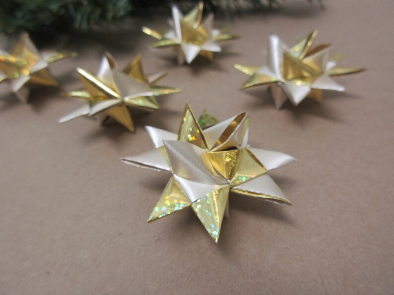 158 Mini Stars Christmas Ornaments Set of 6 Gold Tiny Ribbon Stars Froebel Small Miniature Origami Satin Shiny Finish READY to SHIP