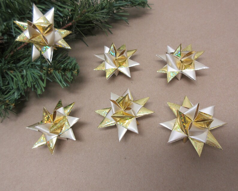 158 Mini Stars Christmas Ornaments Set of 6 Gold Tiny Ribbon Stars Froebel Small Miniature Origami Satin Shiny Finish READY to SHIP
