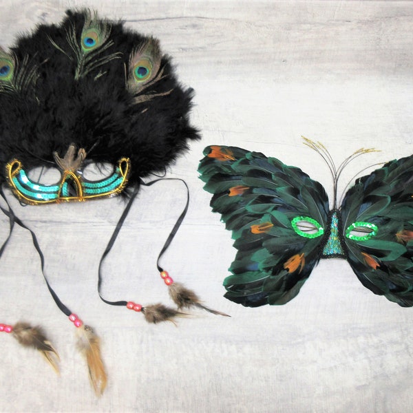 Set Of 2 Feather Masks Masquerade Mardi Gras Costume Party Green Peacock Butterfly Shape Vintage FREE SHIPPING (1364)