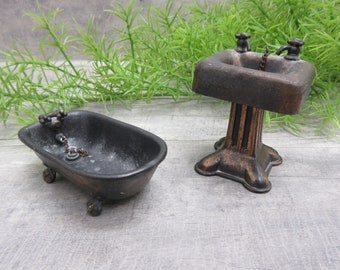 Durham 1977 Miniature Claw Foot Bathtub & Pedestal Sink Brass Look Metal Dollhouse Furniture Fixtures Vintage FREE SHIPPING (1622)